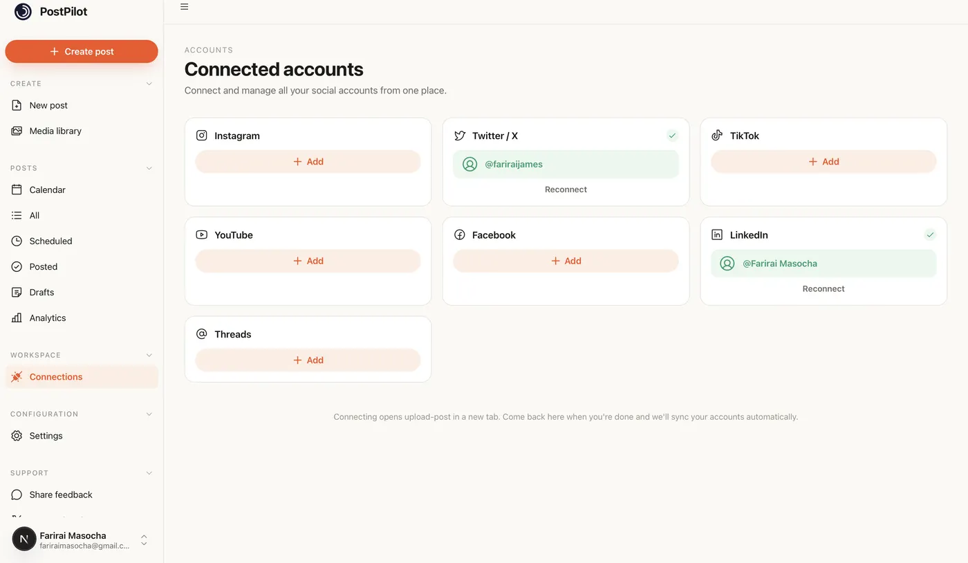 The WriteOnce connected accounts screen showing social platforms linked through their official login flows